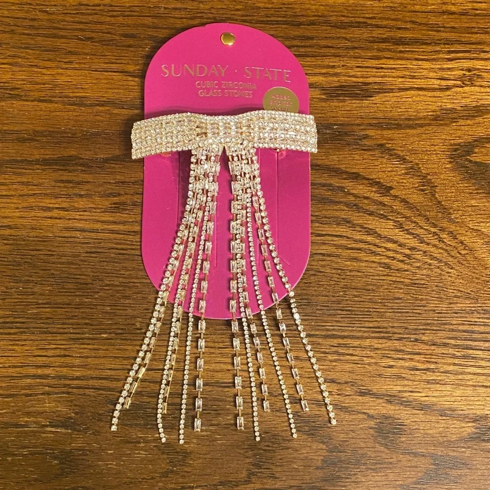 Sunday State Gold Rhinestone Crystal Bow Hair Clip Fringe Tassel Barrette NWT